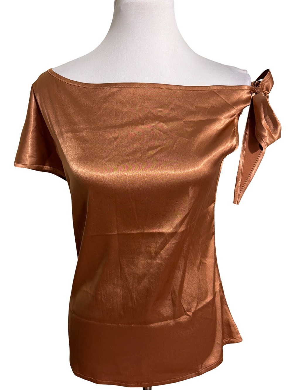 Vidussa Boutique Satin One-Shoulder Tie Blouse in Copper Brown